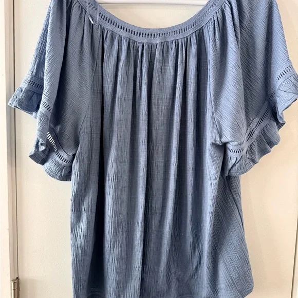 Max Studio Blue Boho Peasant Blouse Crochet Trim Flowy Top Fits 1X Plus Size - Picture 5 of 6